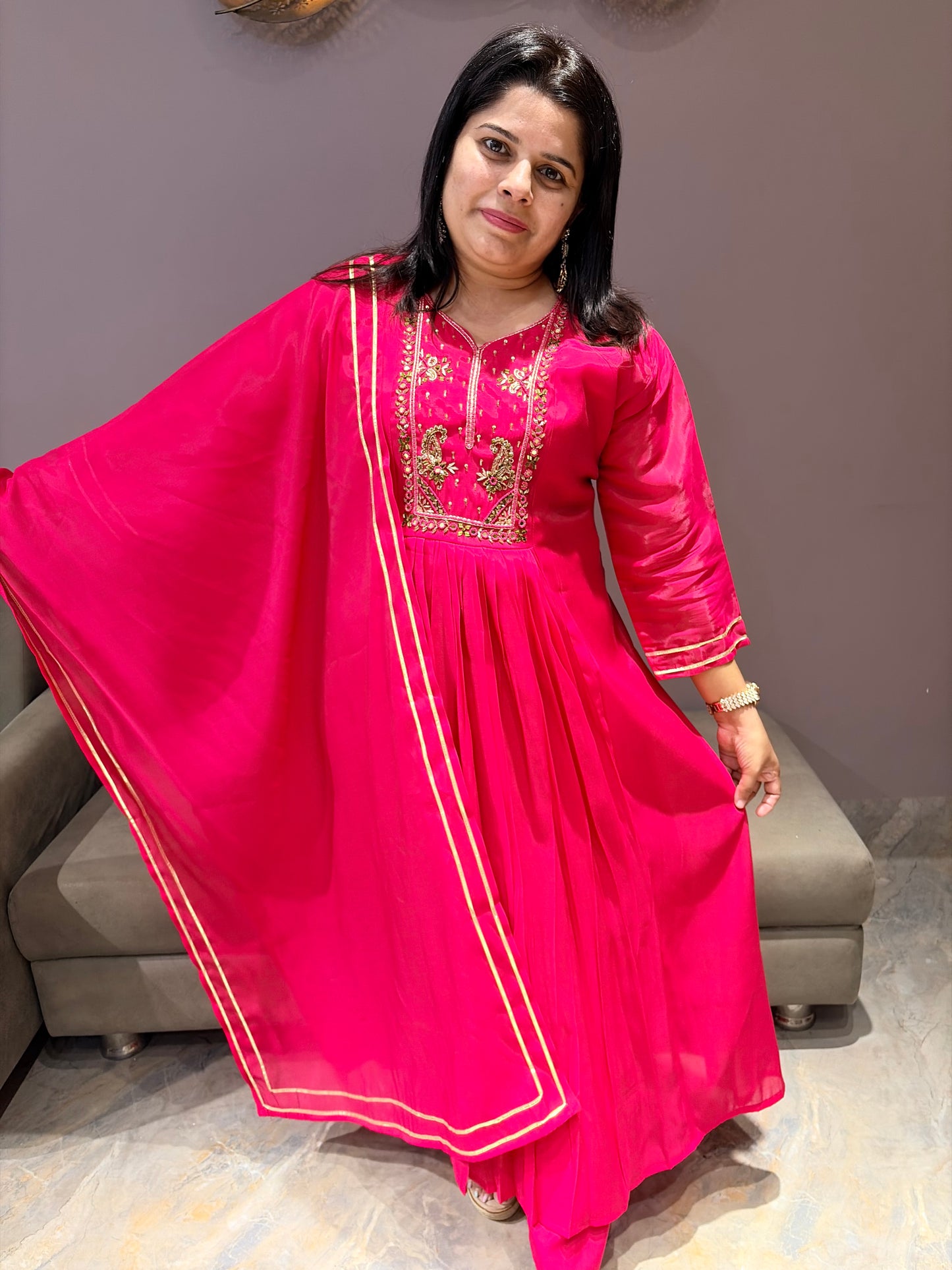Hot Pink Pure Mull 3 pc Designer Suit