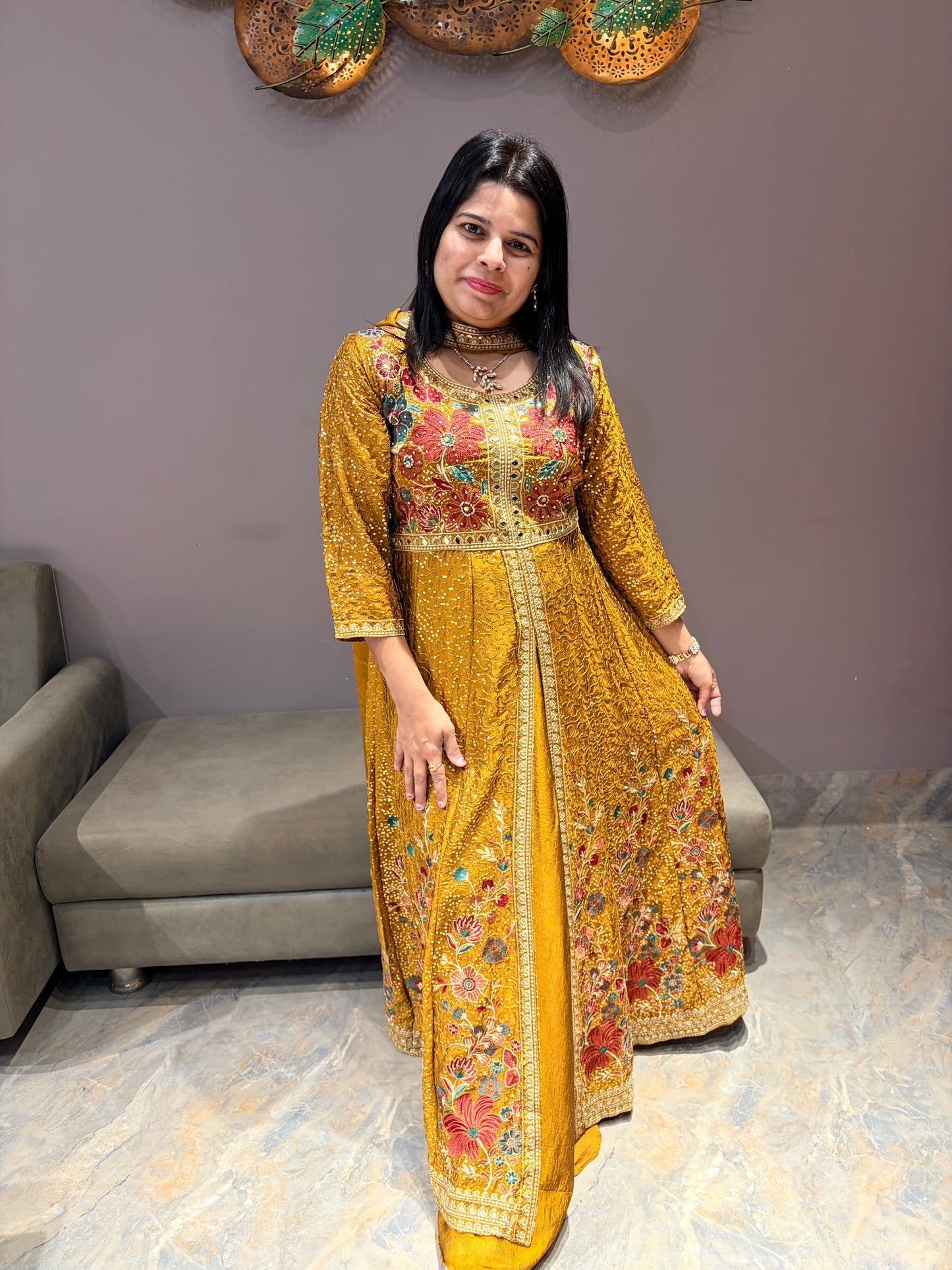 Yellow Gold Heavy Front Open Indowestern with Plazo – Festive Wear
