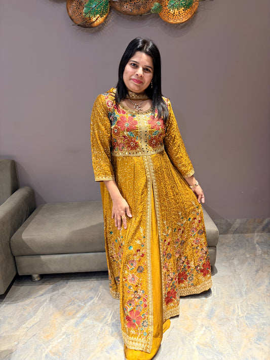 Yellow Gold Heavy Front Open Indowestern with Plazo – Festive Wear