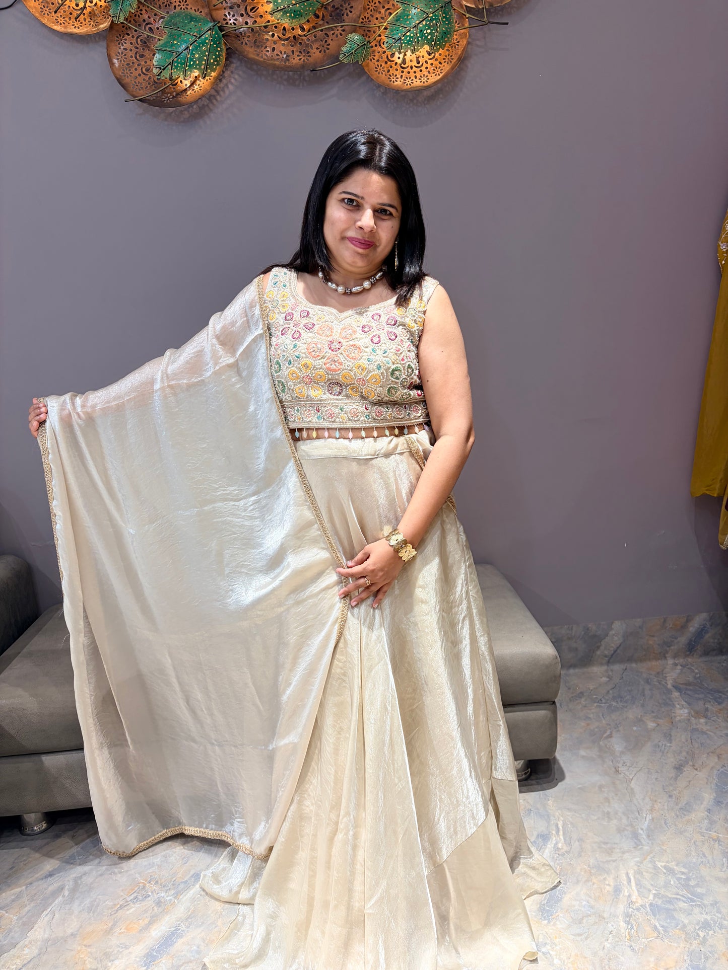 Cream Tissue Silk Choli with Beads Handwork – Festive & Party Wear