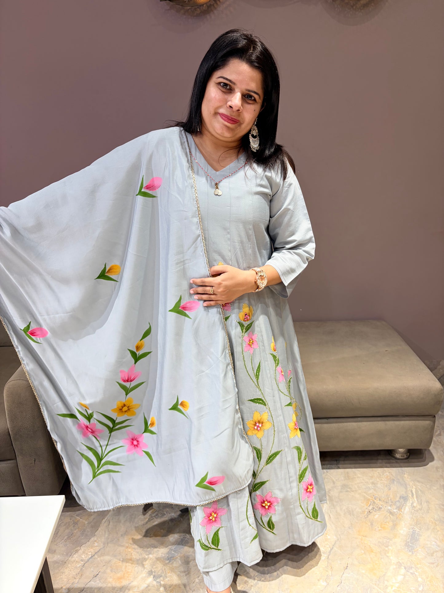 Ash Grey Color Designer Brush Paint Anarkali Suit