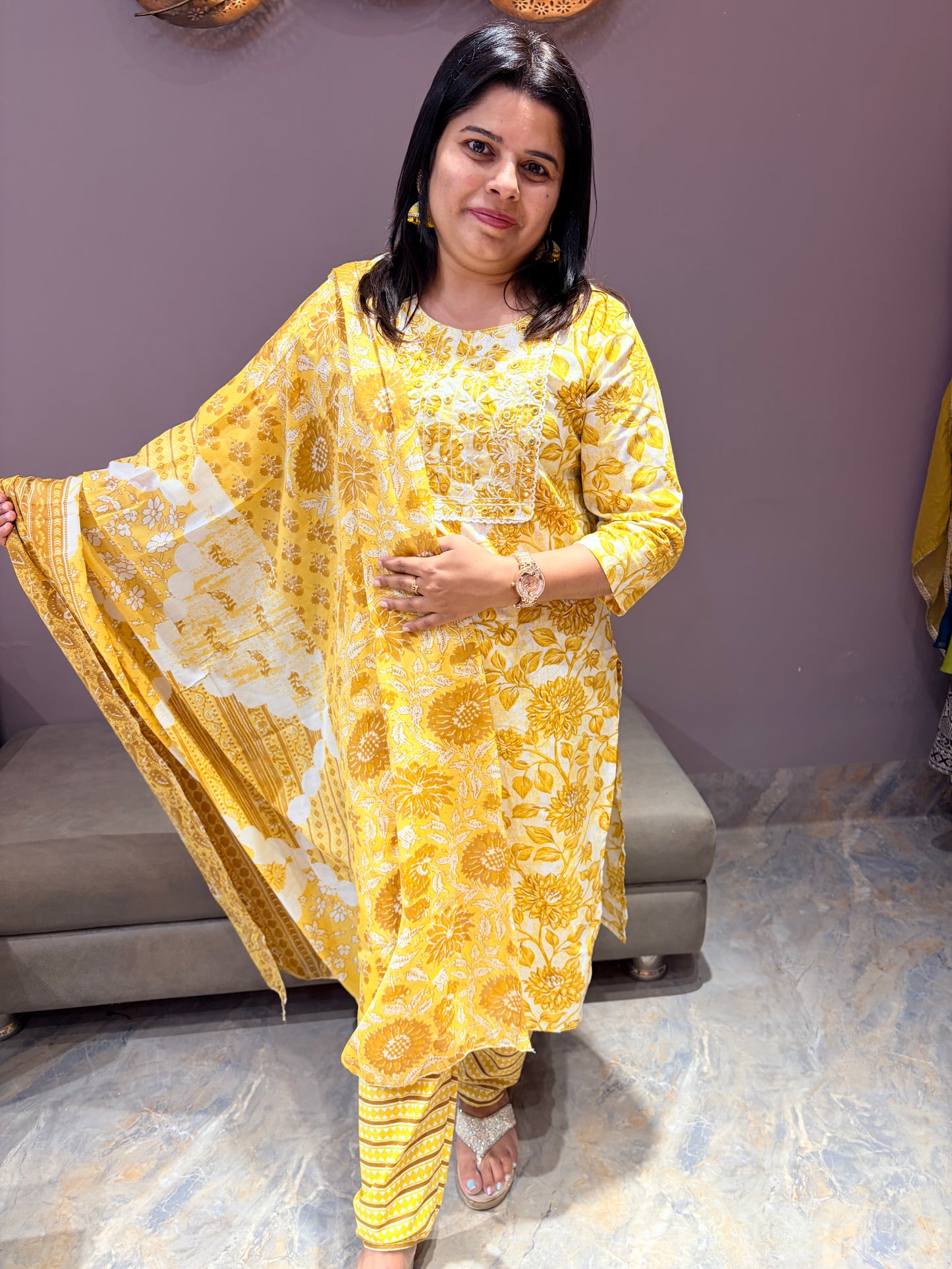 Yellow Cotton Print 3-Piece Suit