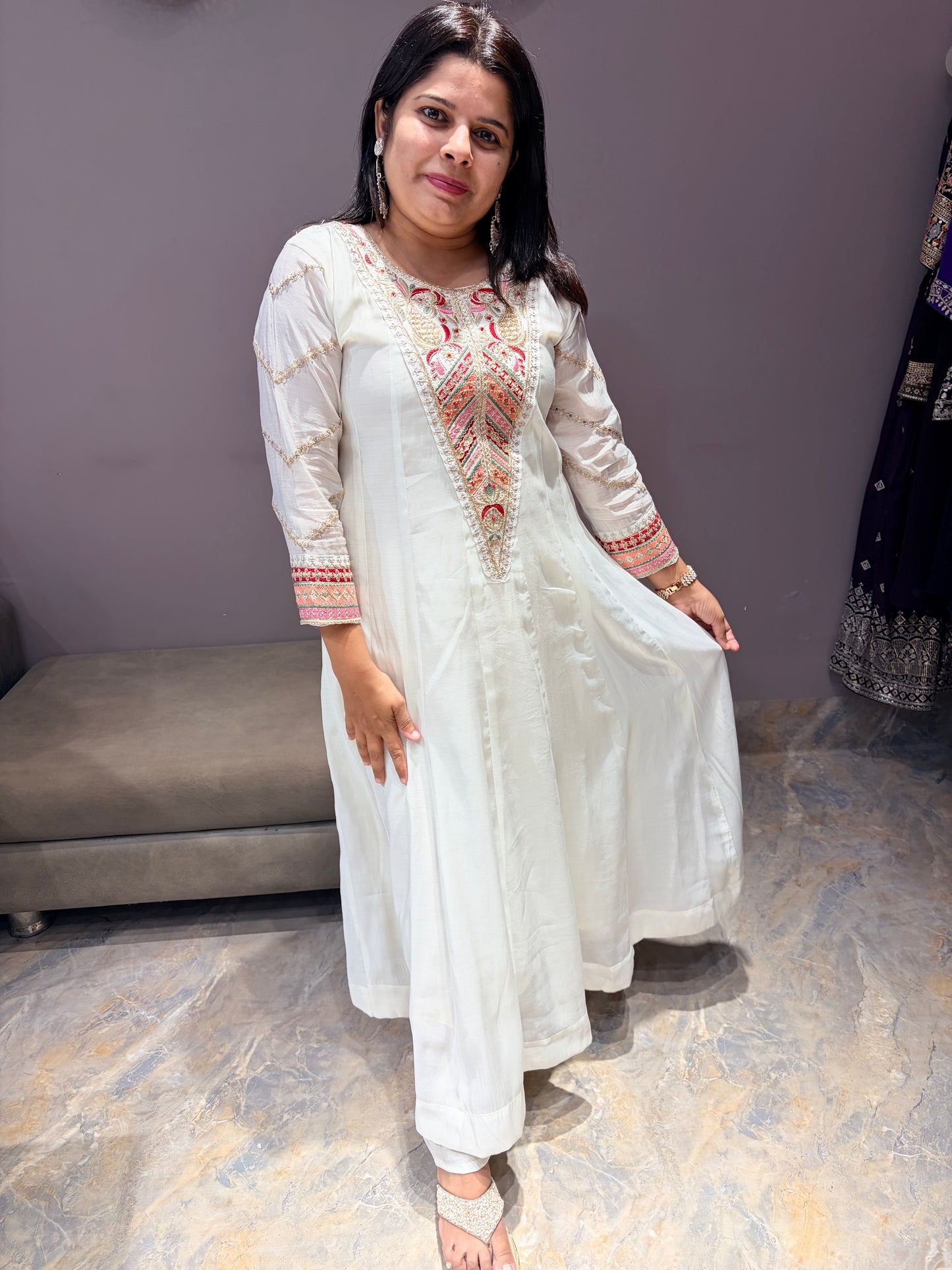Off White Pure Mul Cotton Premium Anarkali Suit