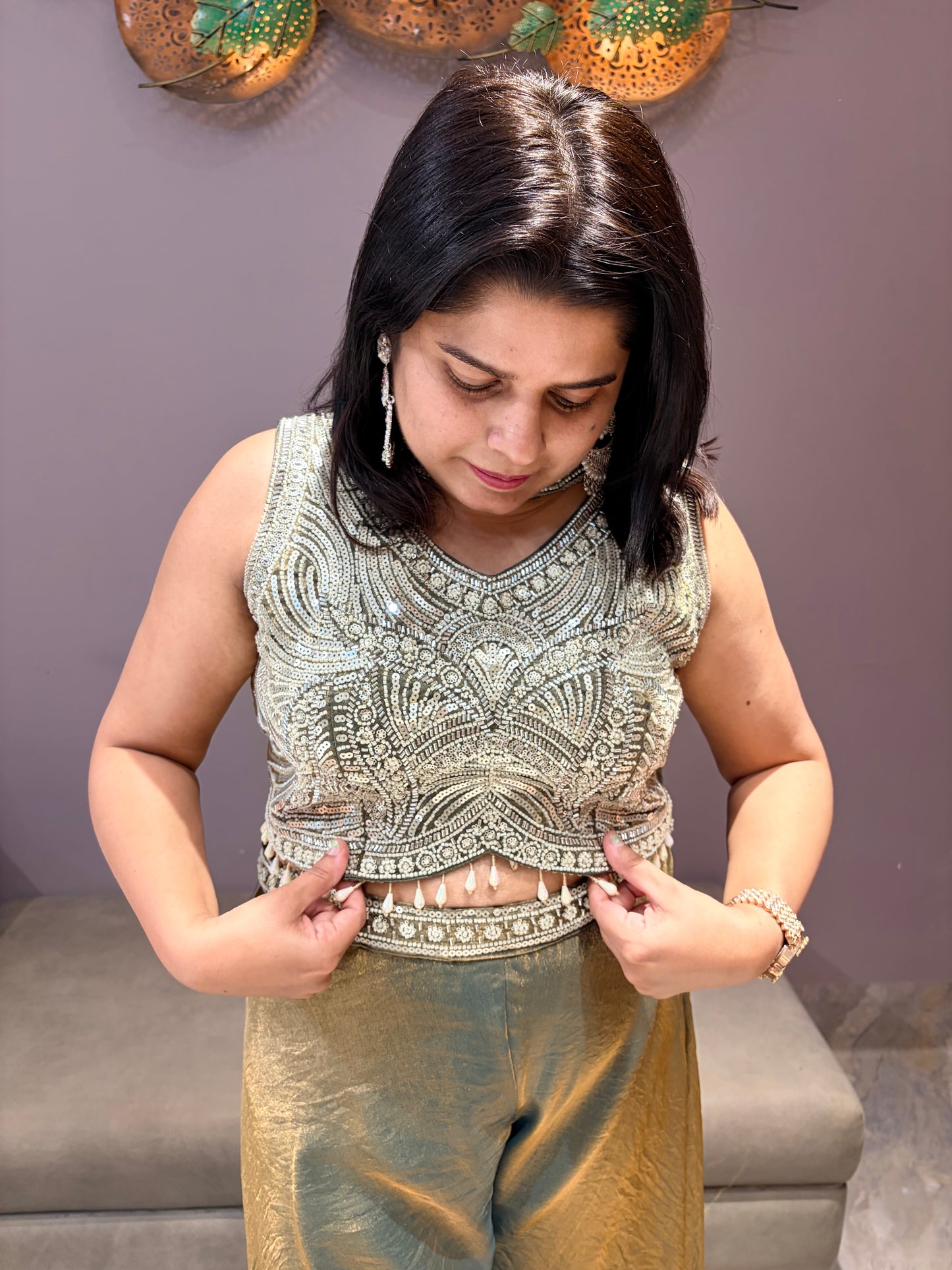 Pure Glass Tissue Beads Work Choli Plazo Set