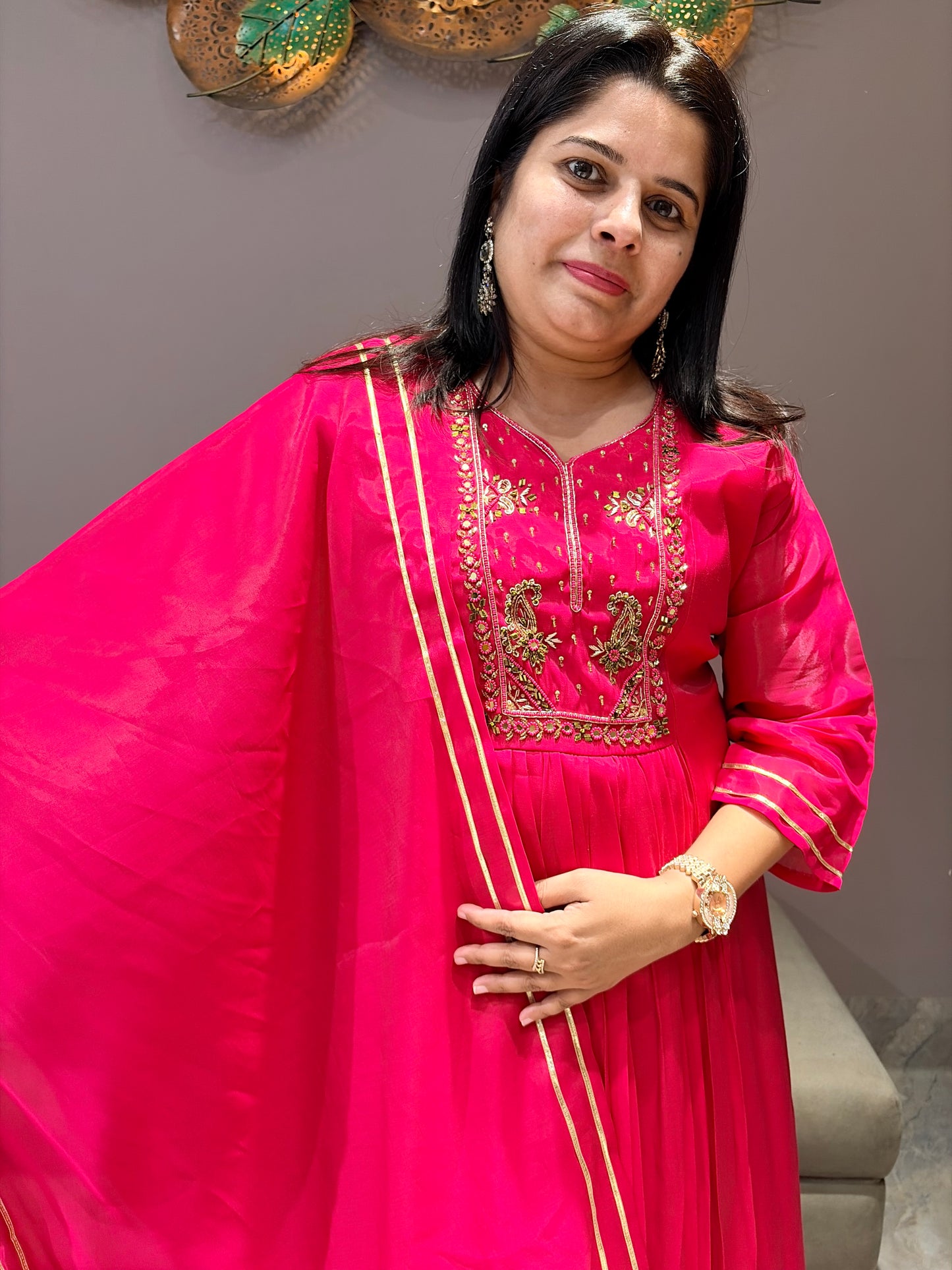 Hot Pink Pure Mull 3 pc Designer Suit