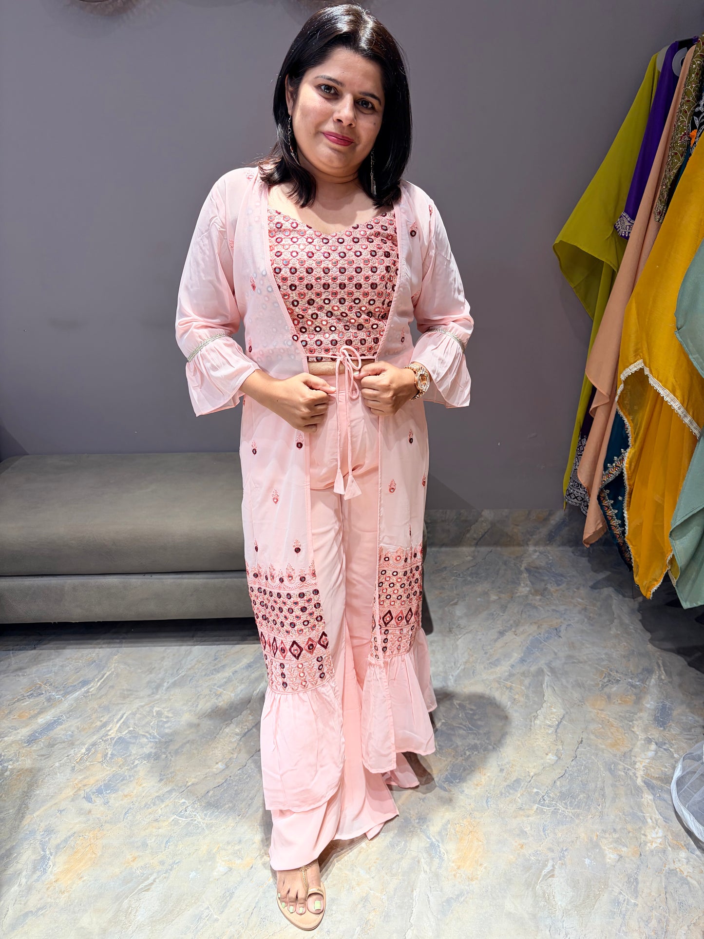 Peach Indo western Choli Plazo Jacket Style