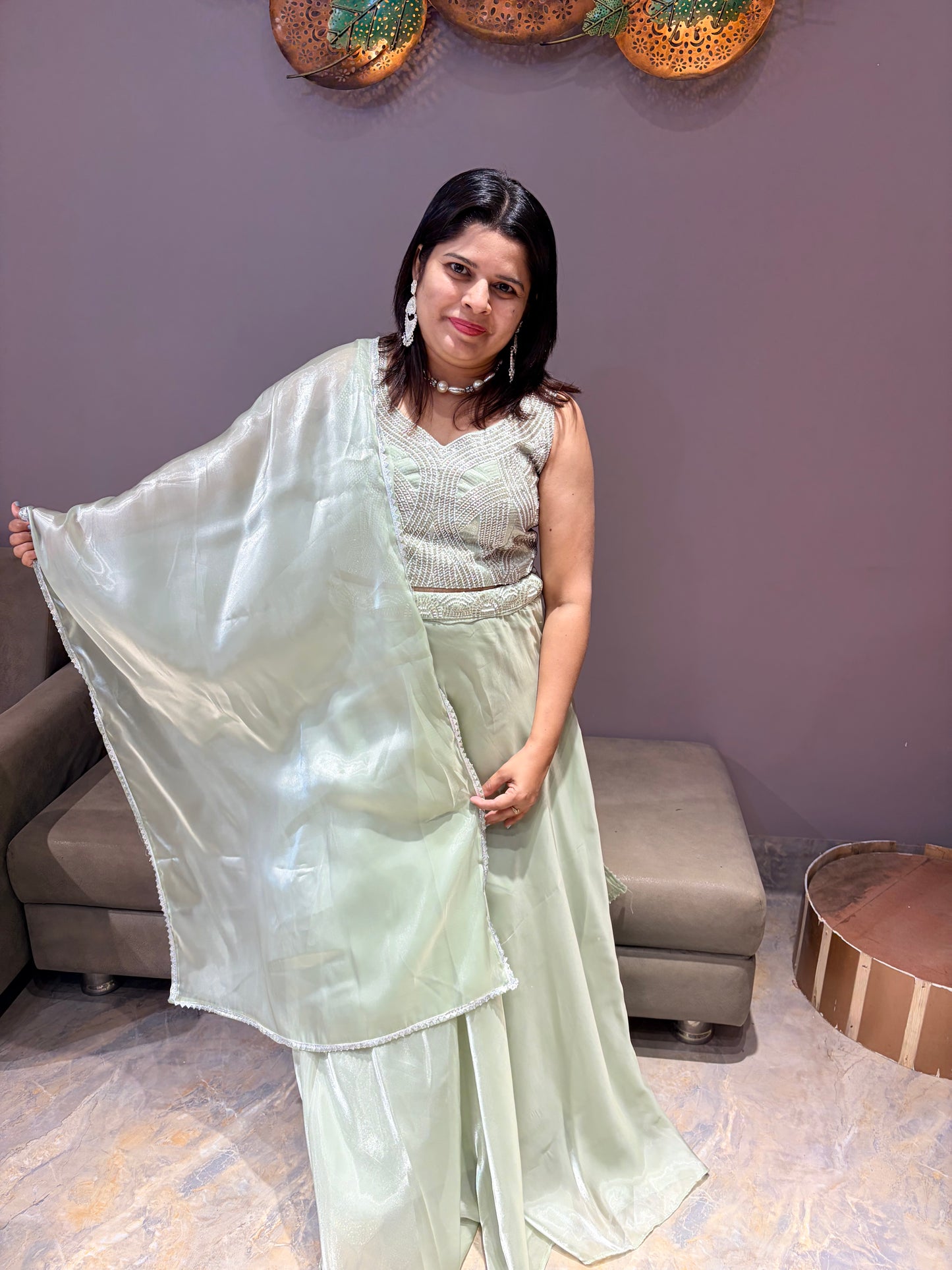 Pista Green Tissue Silk Choli with Beads Handwork