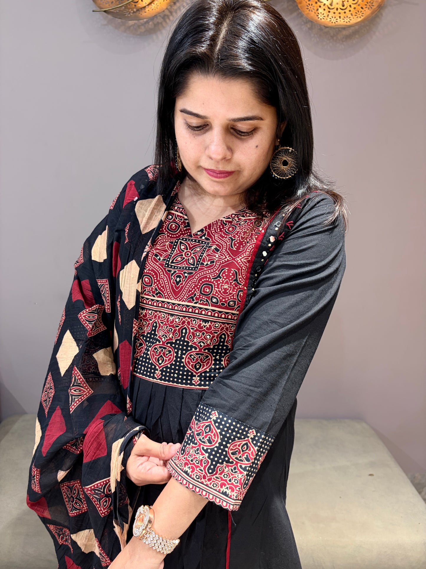 Black Pure Jaipuri Cotton Aline Suit