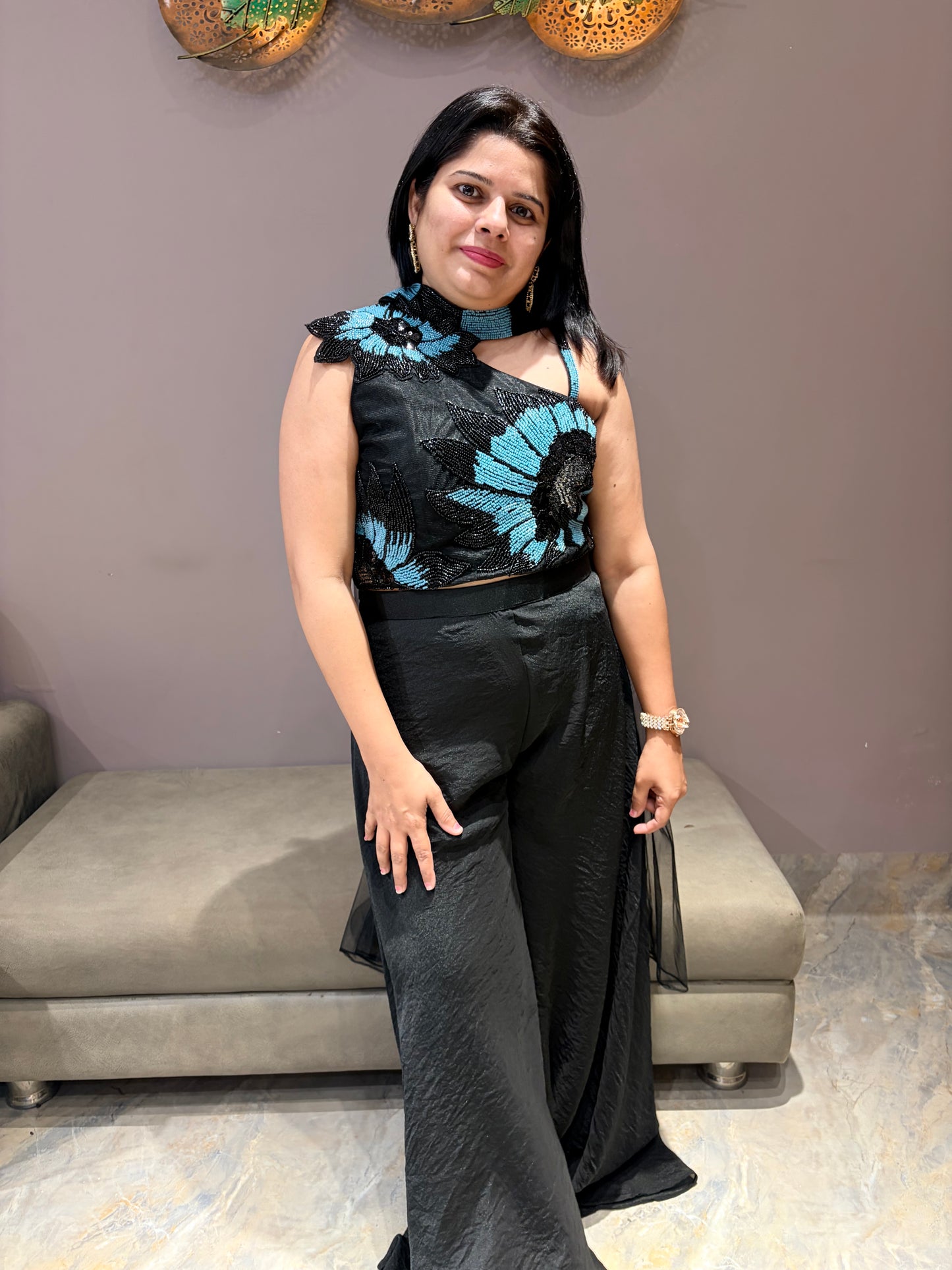 Designer Black One Side Spetity Indo western With Beads Work