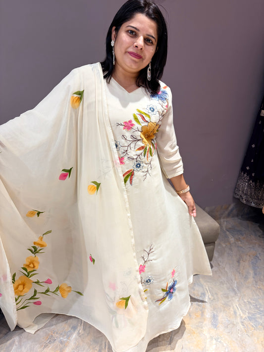 Cream Color Pure Mul Cotton Aline Designer Sujt