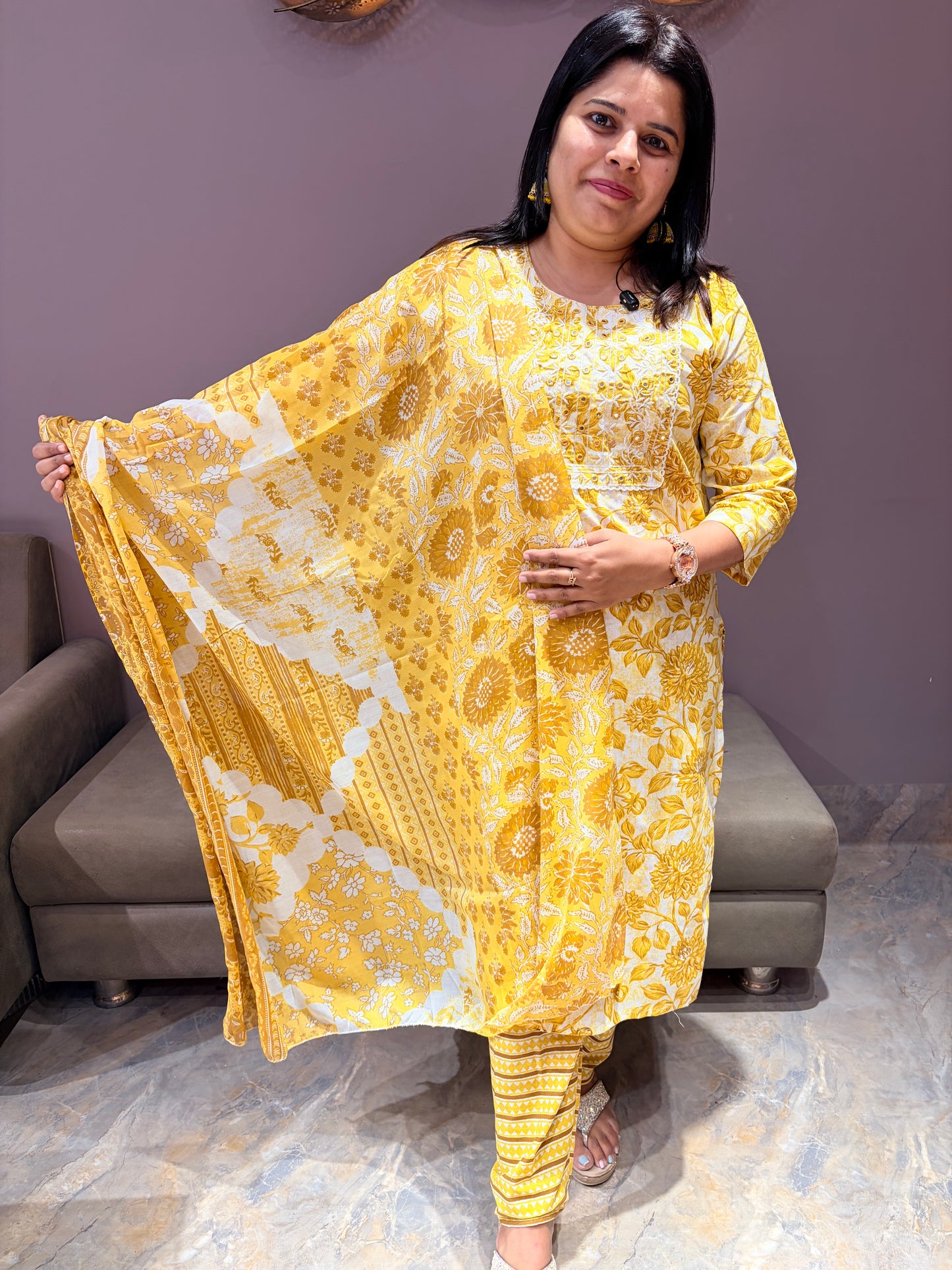 Yellow Cotton Print 3-Piece Suit