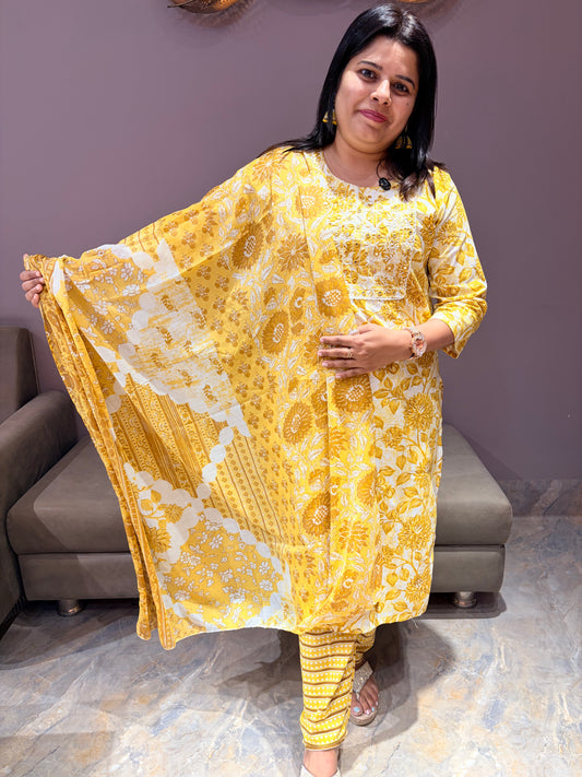 Yellow Cotton Print 3-Piece Suit