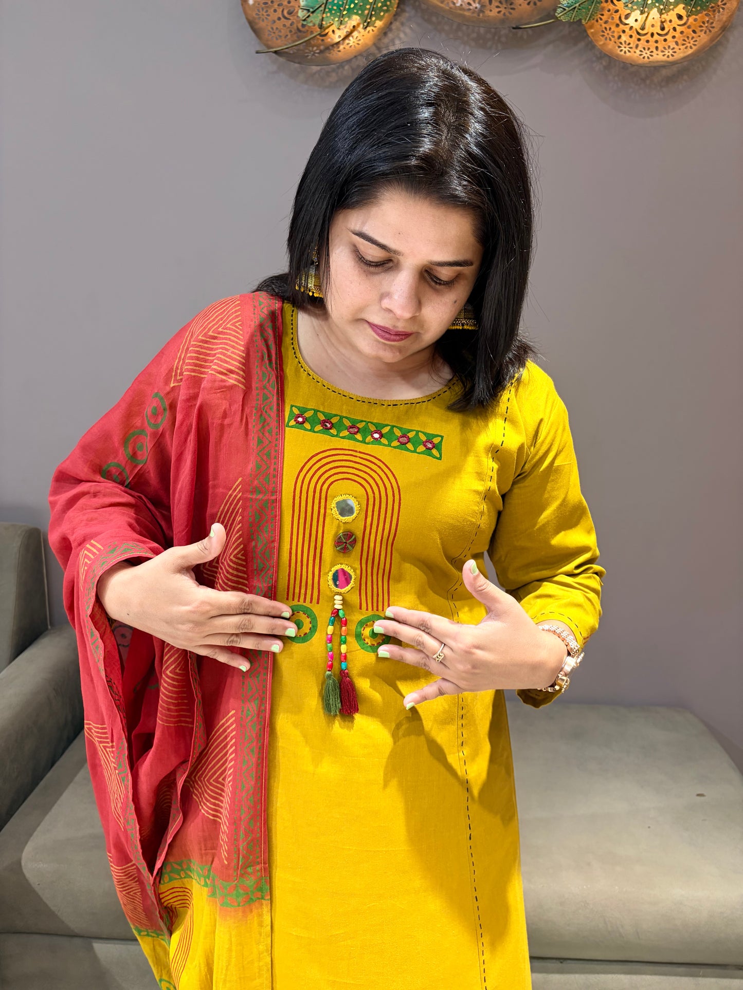 Pure Jaipuri Cotton Aline Designer Yellow and Red Suit