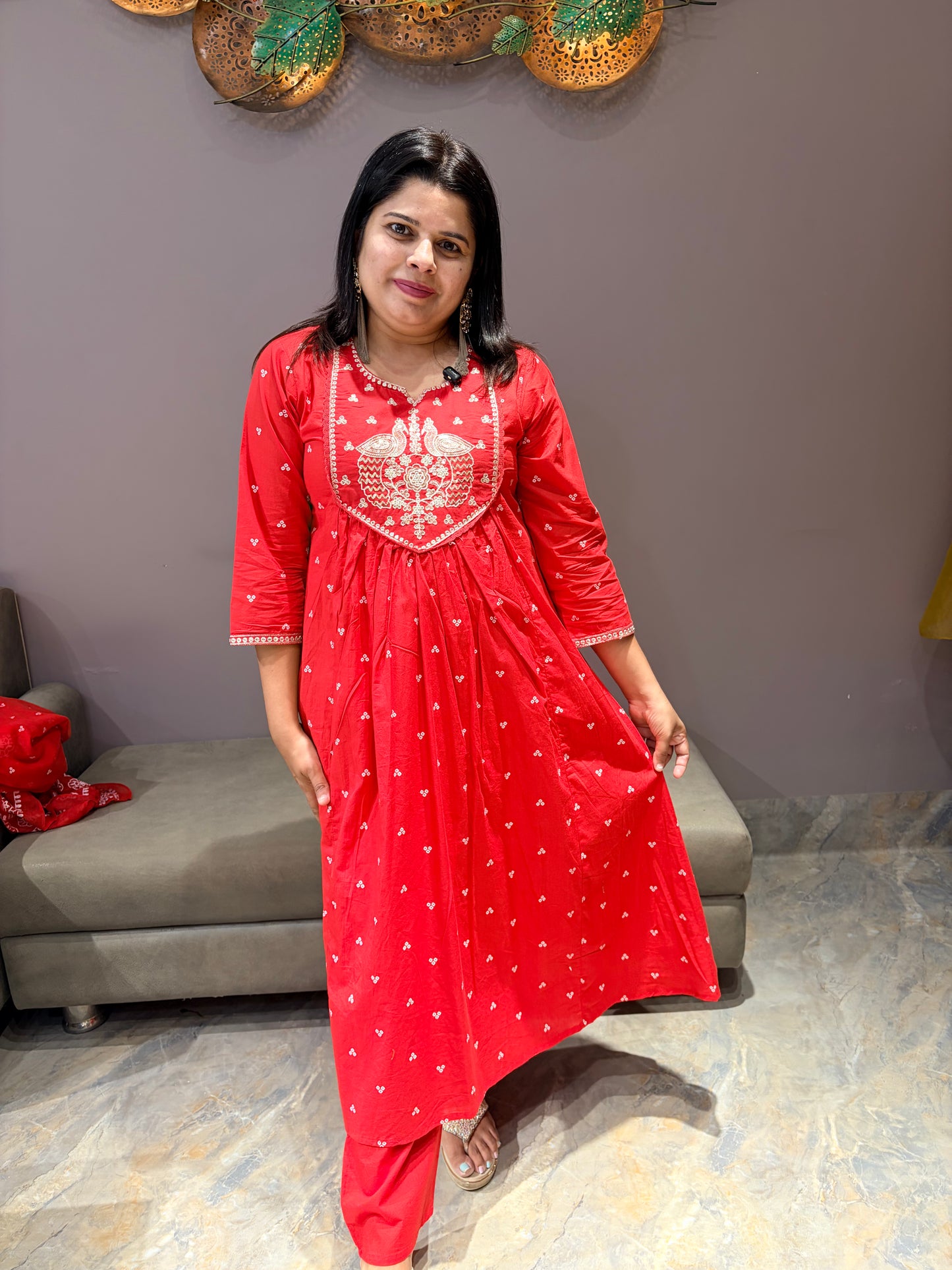 Red Pure Cotton Bandhni A-Line Suit with Pant & Dupatta