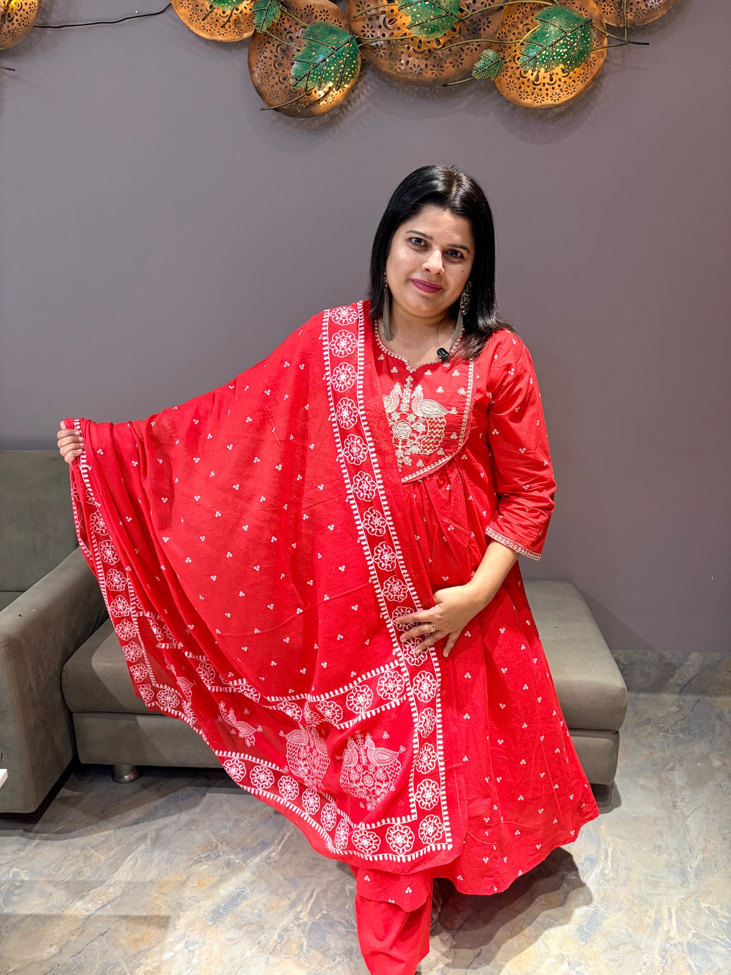 Red Pure Cotton Bandhni A-Line Suit with Pant & Dupatta