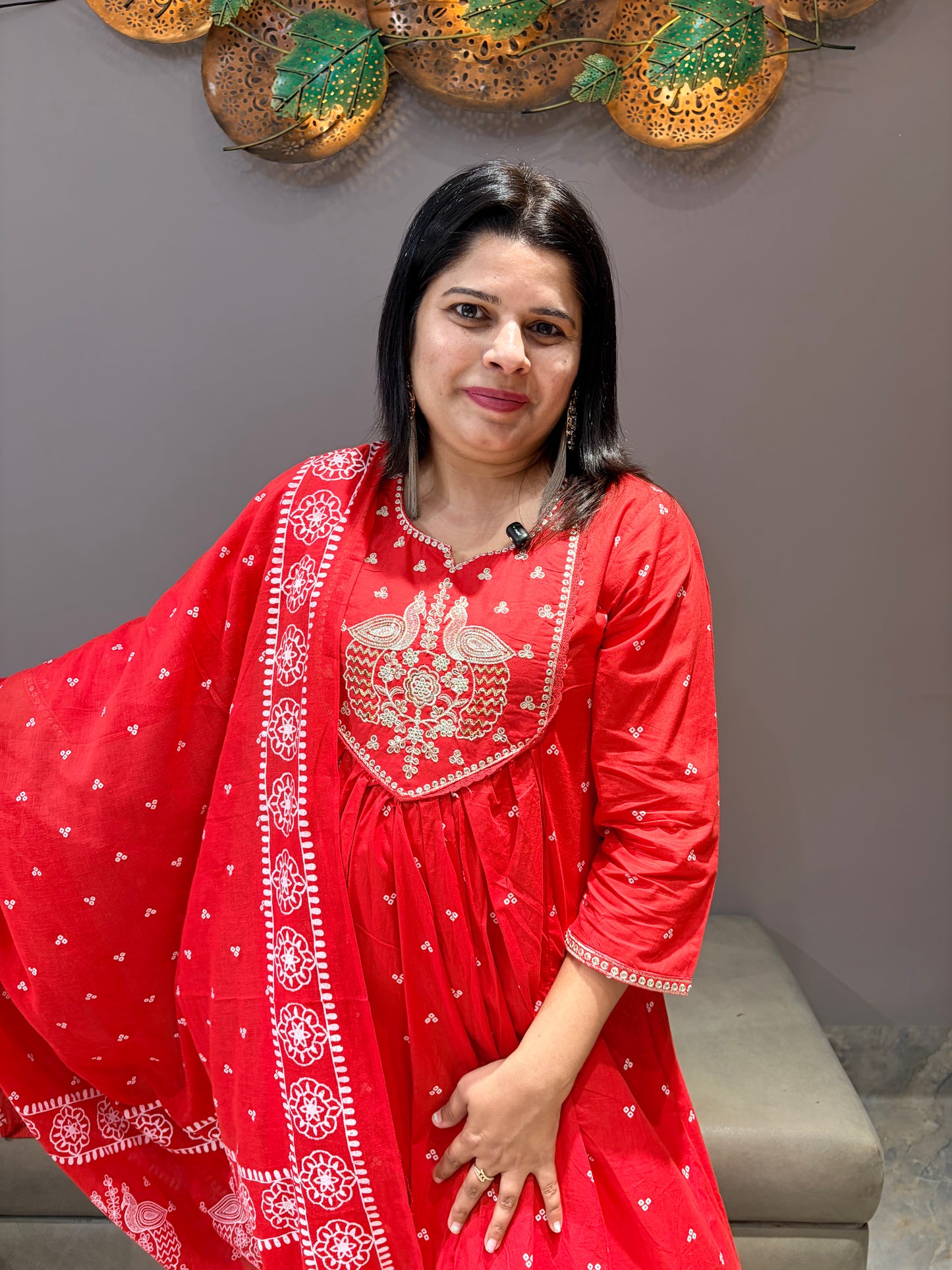 Red Pure Cotton Bandhni A-Line Suit with Pant & Dupatta