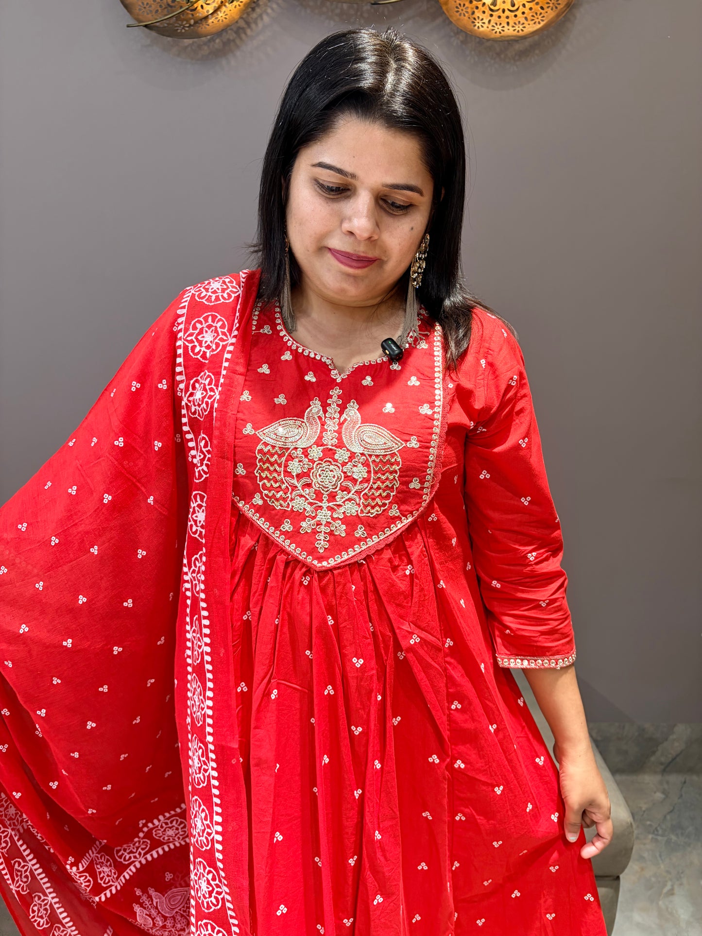 Red Pure Cotton Bandhni A-Line Suit with Pant & Dupatta