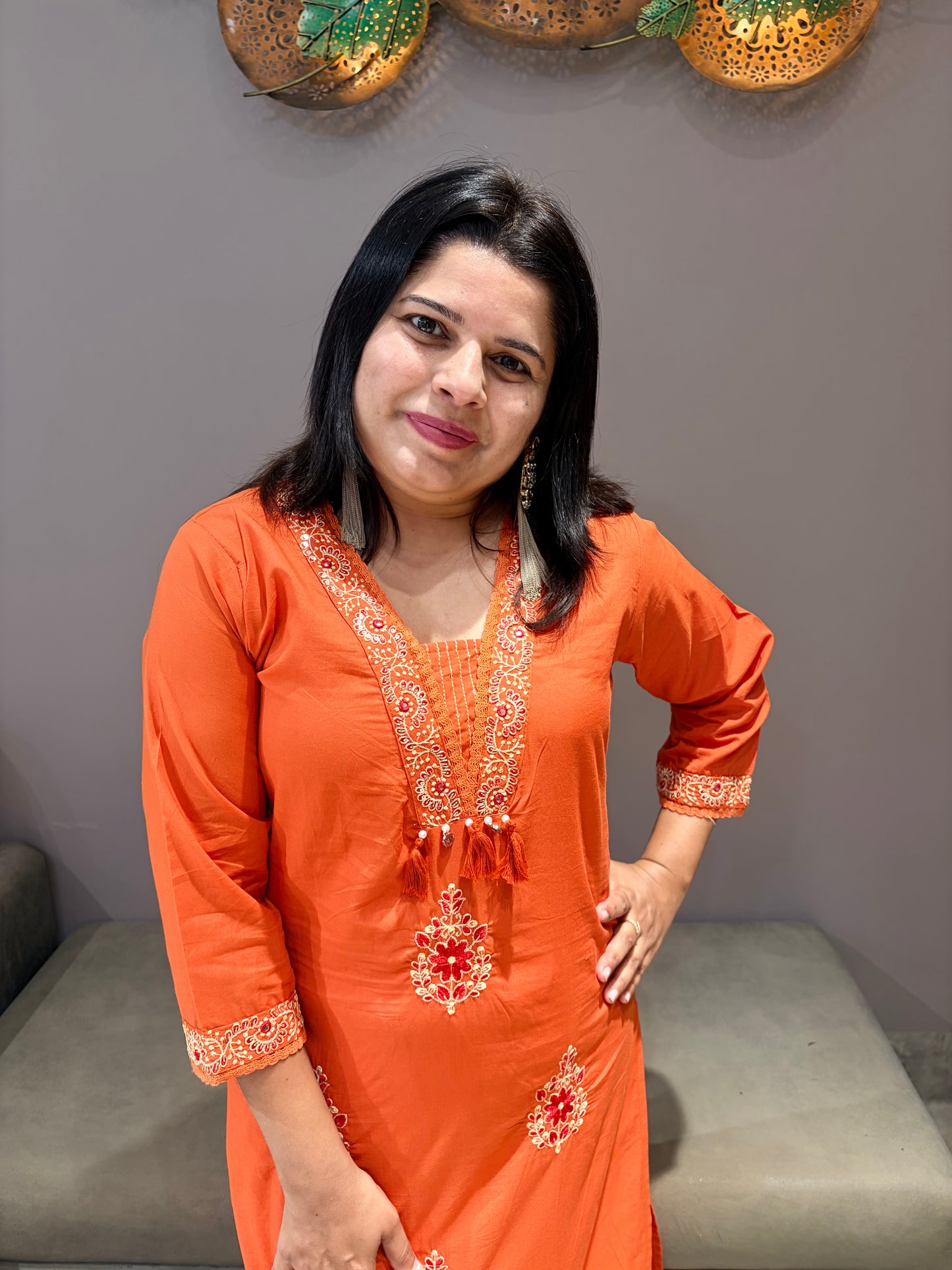 Rust Orange Cotton A-Line 3-Piece Suit with Red Contrast Work