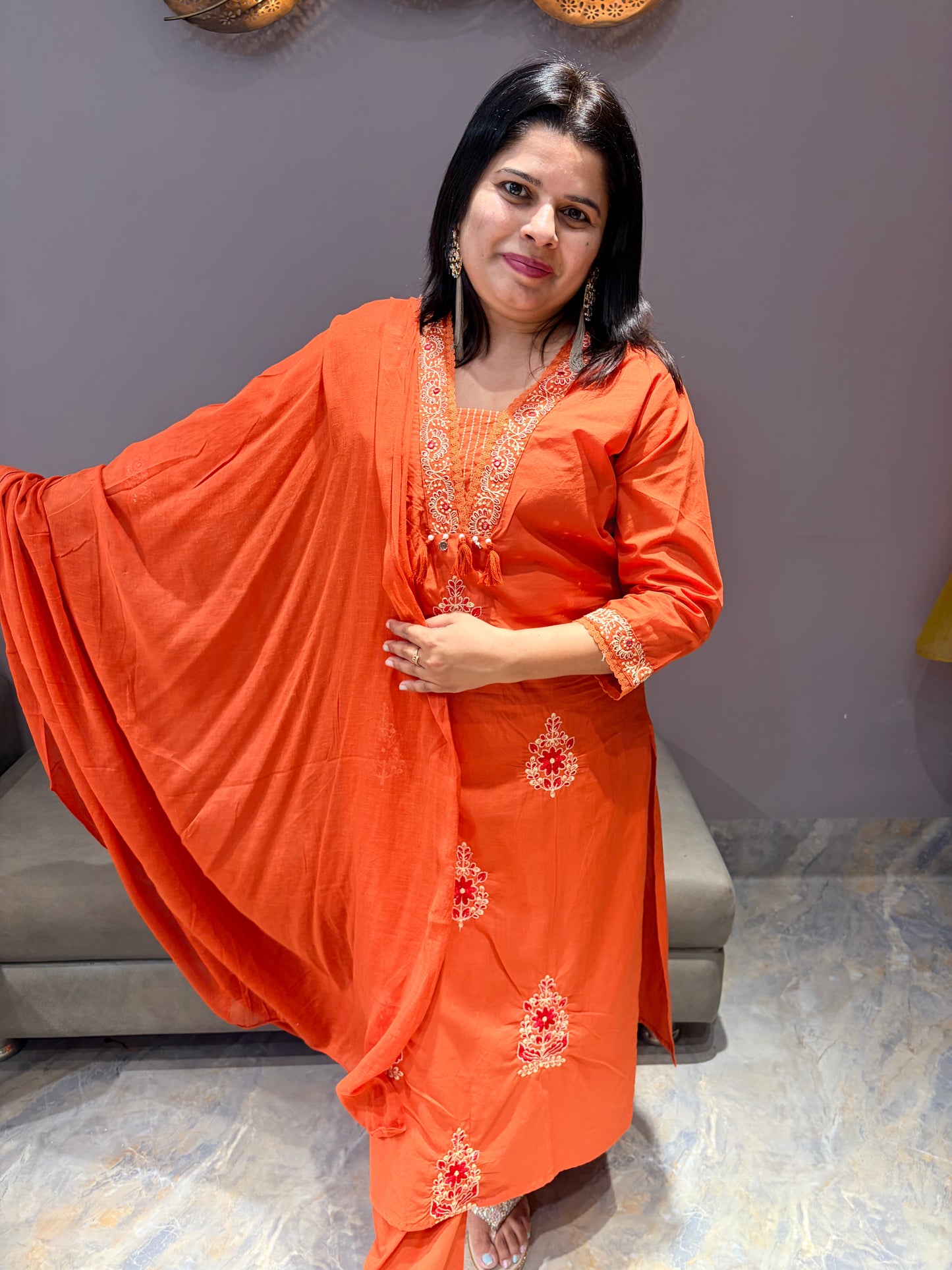 Rust Orange Cotton A-Line 3-Piece Suit with Red Contrast Work