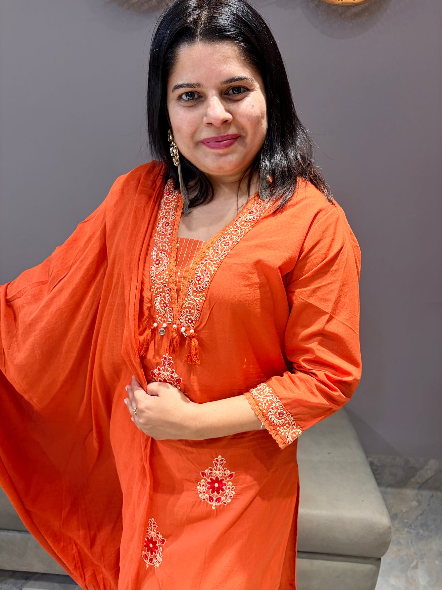 Rust Orange Cotton A-Line 3-Piece Suit with Red Contrast Work
