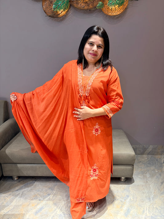 Rust Orange Cotton A-Line 3-Piece Suit with Red Contrast Work