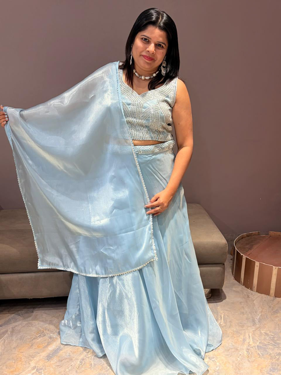 Sky Blue Tissue Choli with Beads Handwork & Dupatta