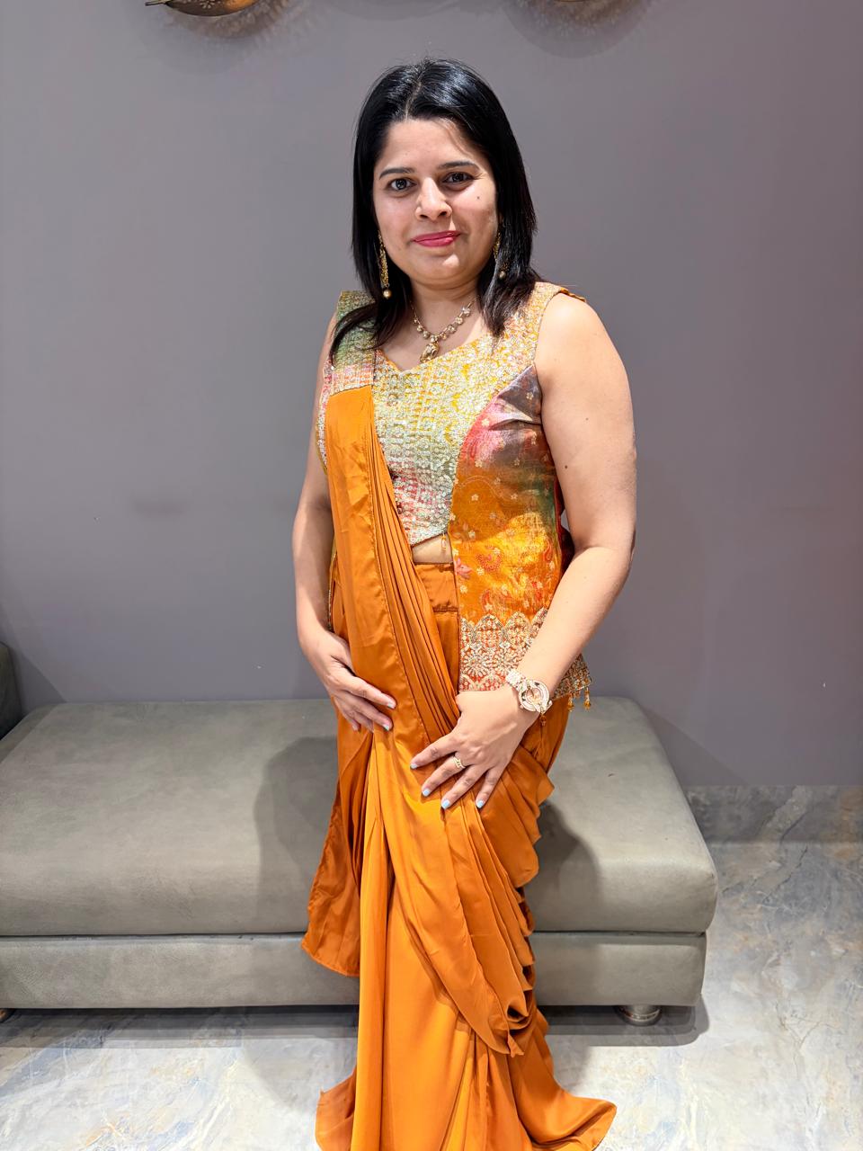 Rust Color Saree Style Indowestern Outfit