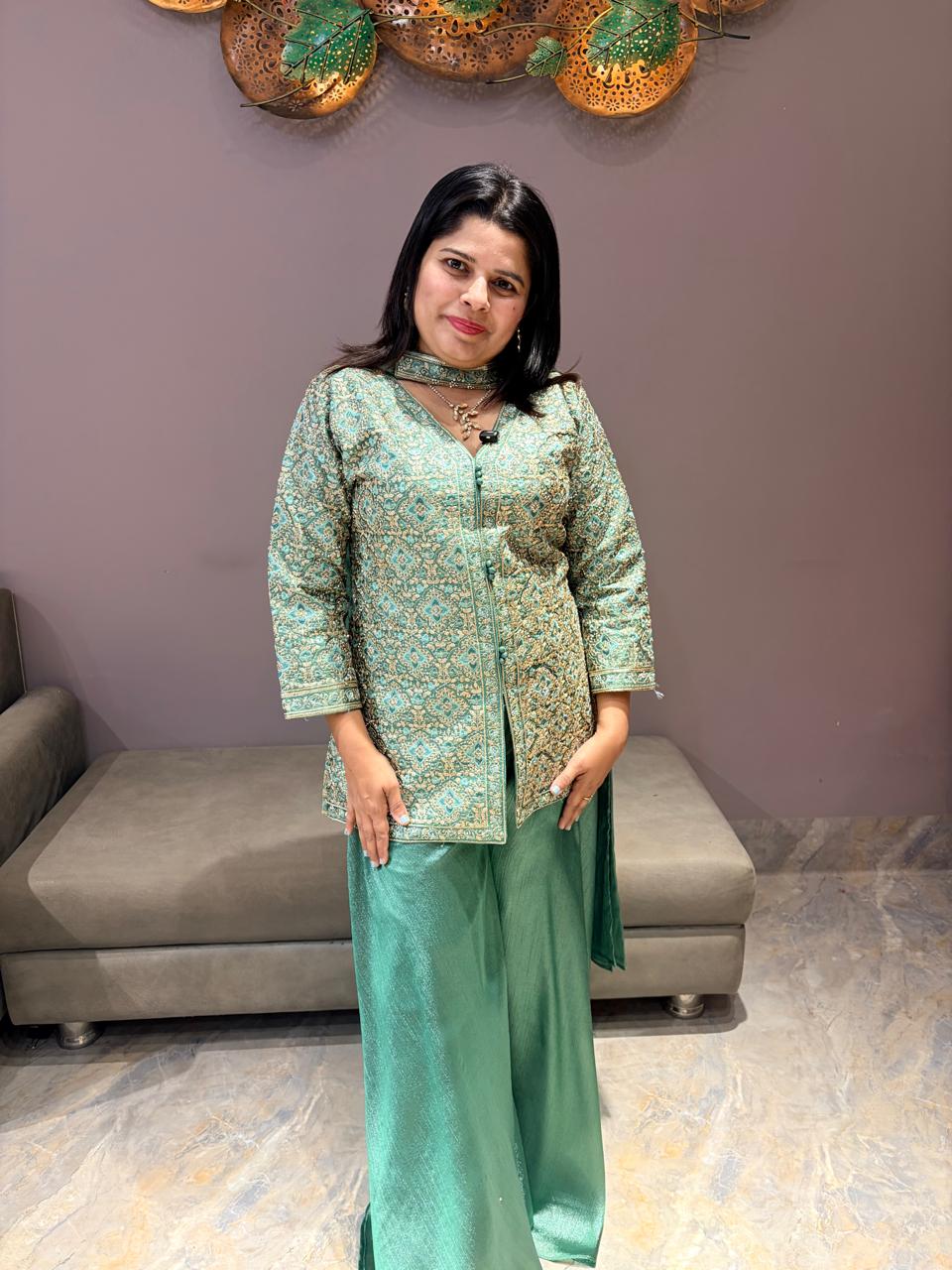 Pista Green Full Sleeve Blazer Style Plazo Set with Dupatta