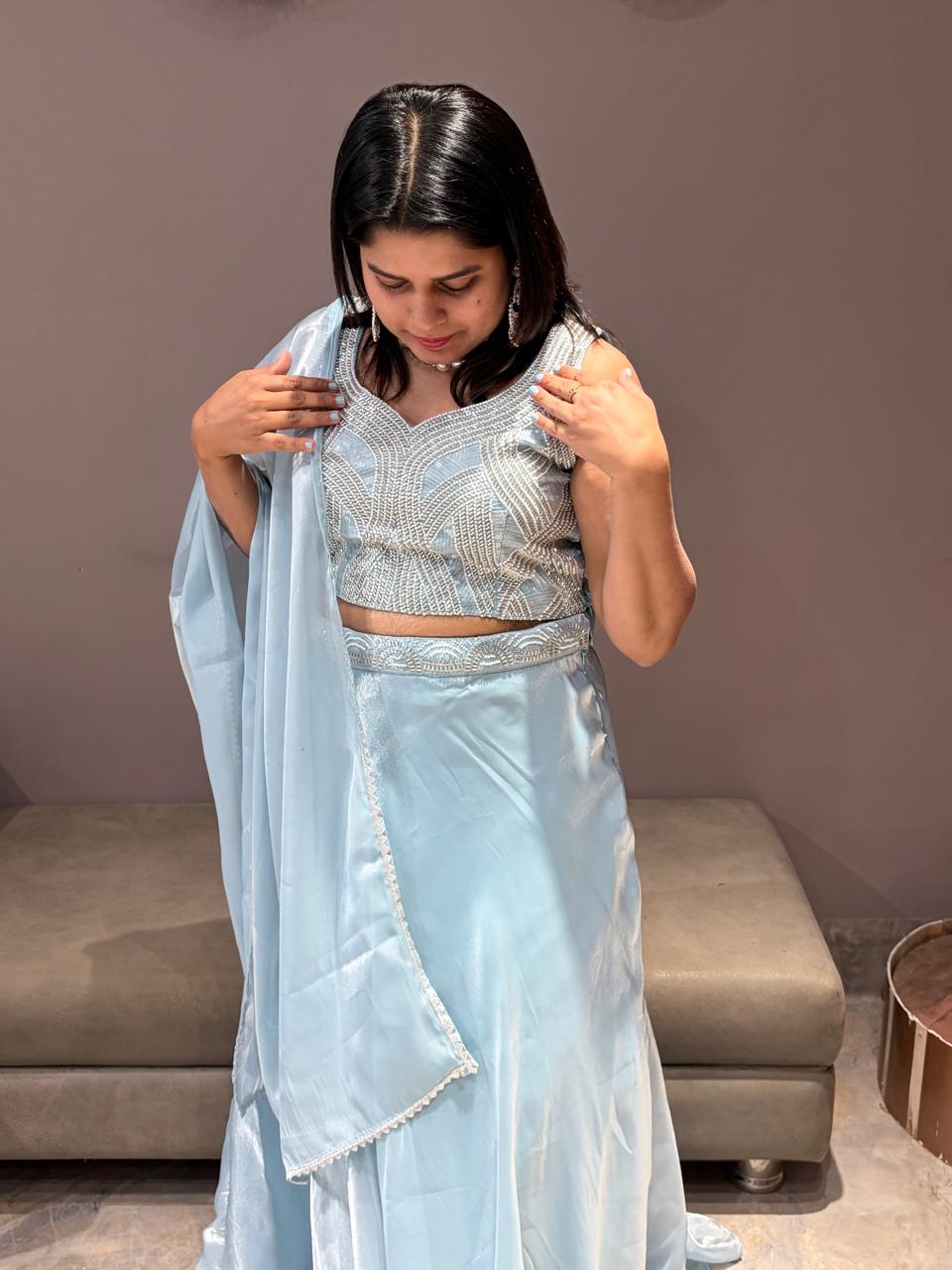 Sky Blue Tissue Choli with Beads Handwork & Dupatta