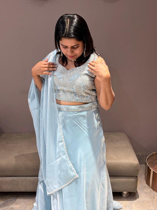 Sky Blue Tissue Choli with Beads Handwork & Dupatta