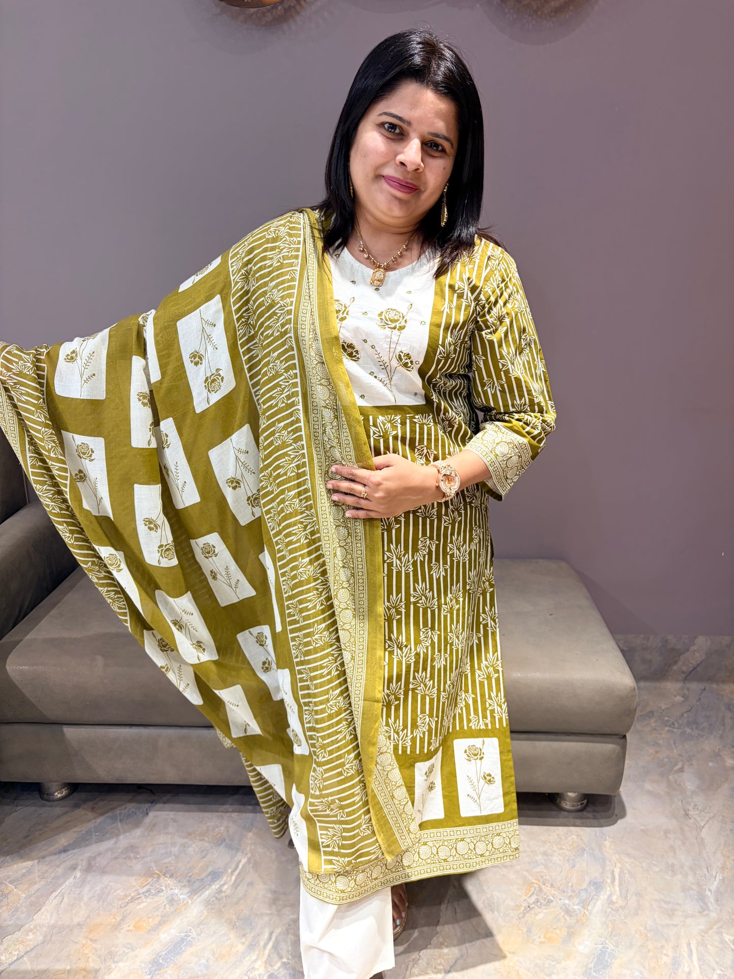 Green & White Pure Jaipuri Cotton Suit with Neck Handwork