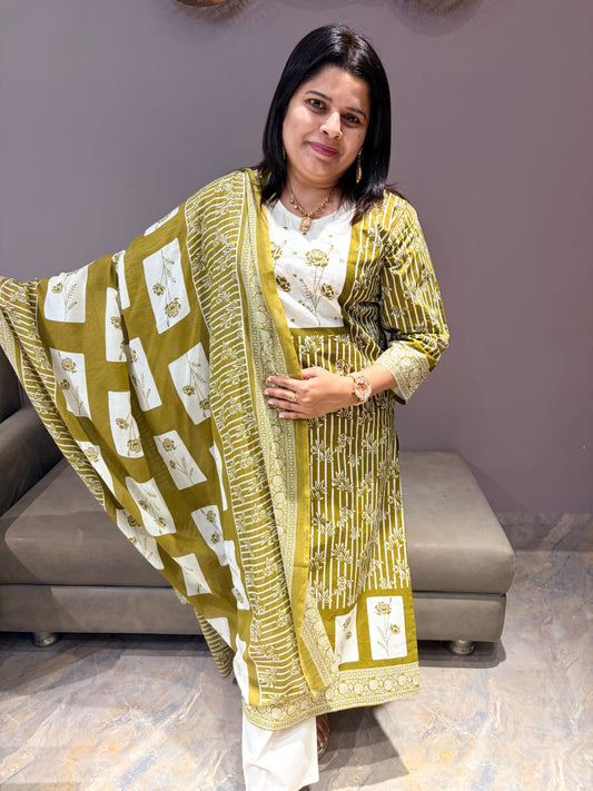 Green & White Pure Jaipuri Cotton Suit with Neck Handwork