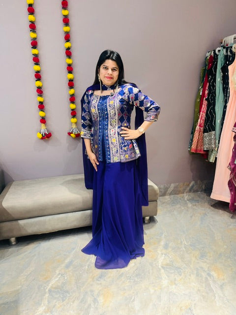 Purple Banarsi Short Top Indowestern Plazo Set