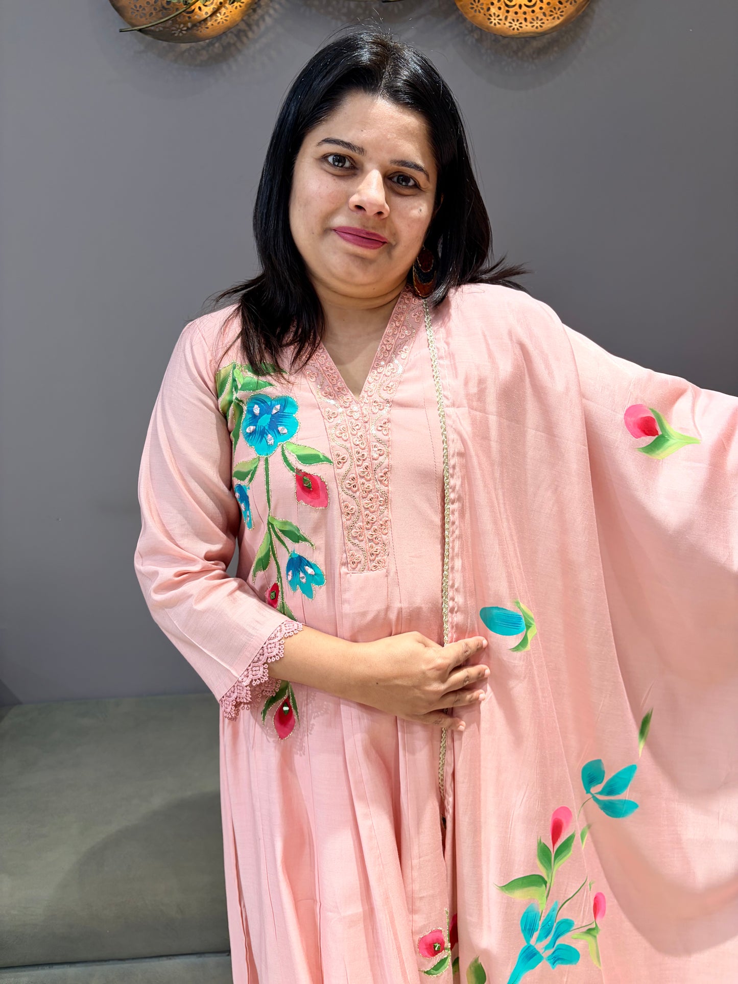 Peach Pink Brush Painted Designer Anarkali Suit with Dupatta
