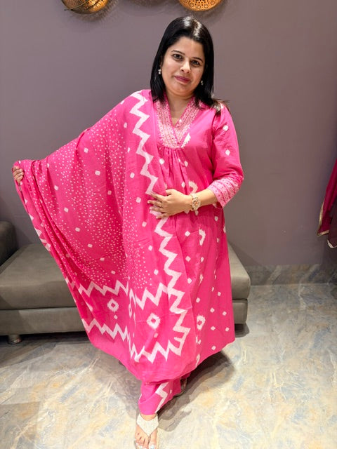 Rani Pink Pure Cotton A-Line Suit with V-Neck & Handwork Dupatta
