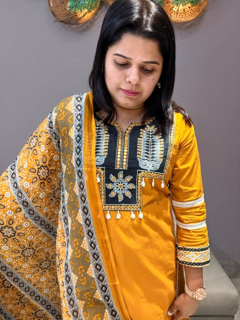 Yellow & Black Pure Cotton 3-Piece Designer Suit