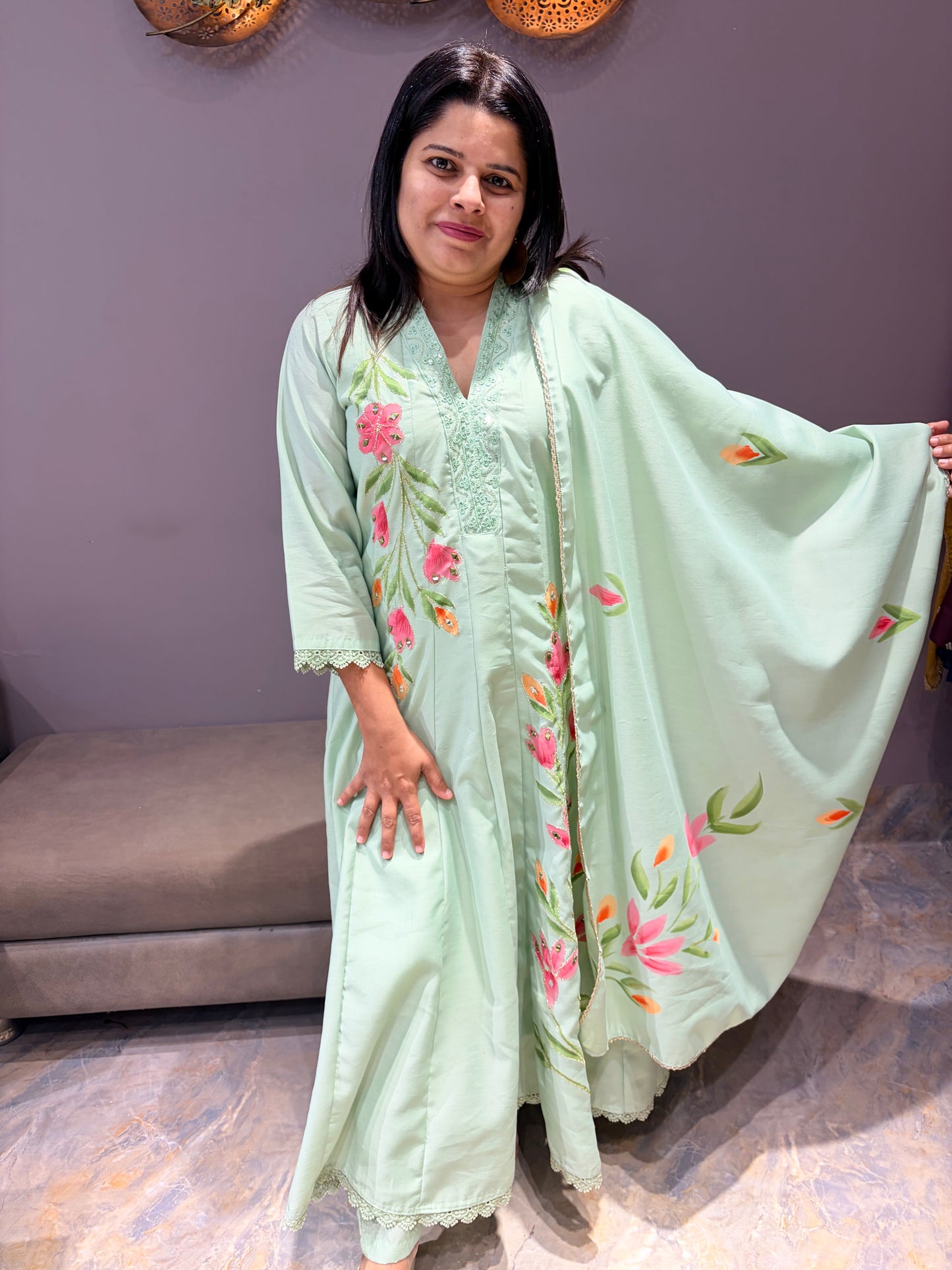Pista Green Brush Paint Designer Anarkali Suit