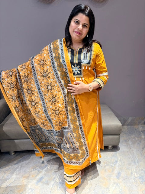 Yellow & Black Pure Cotton 3-Piece Designer Suit