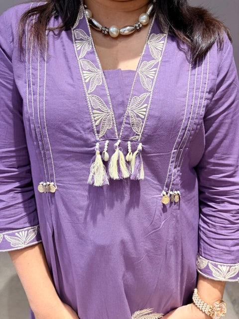 Purple 3-Piece Designer Dress with White Embroidery Work