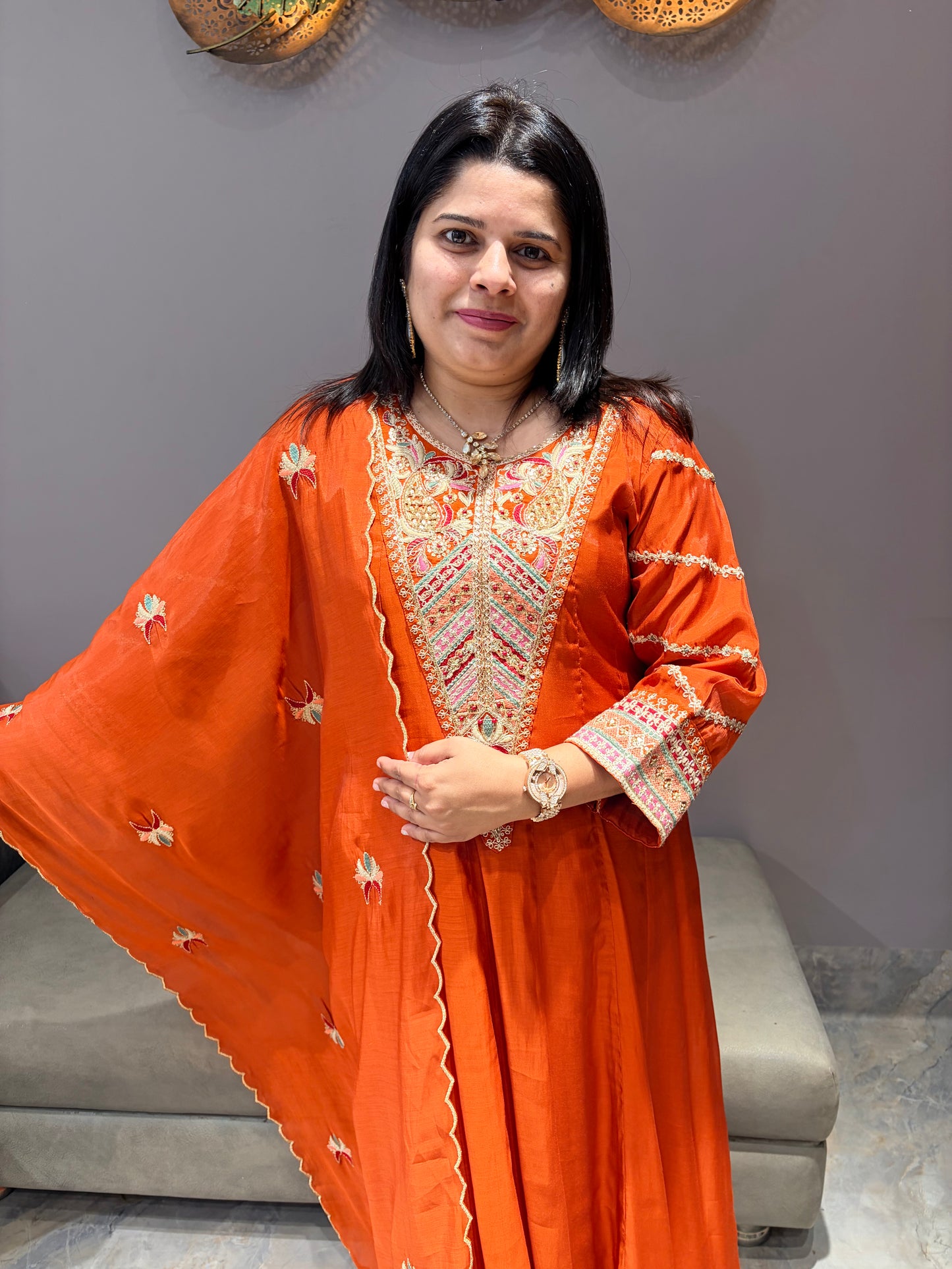 Rust Orange Pure Mull Cotton 3-Piece Designer Suit