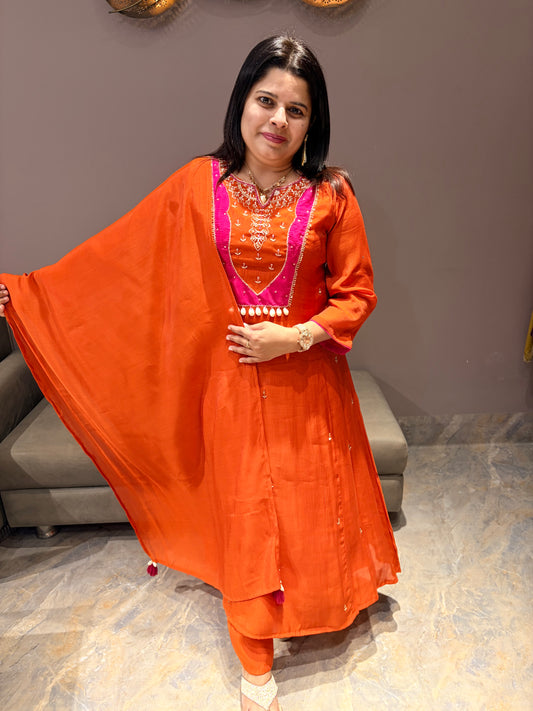 Rust Color Pure Mull Heavy Party Wear Suit with Handwork