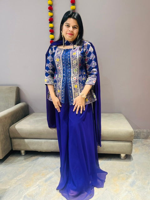 Purple Banarsi Short Top Indowestern Plazo Set