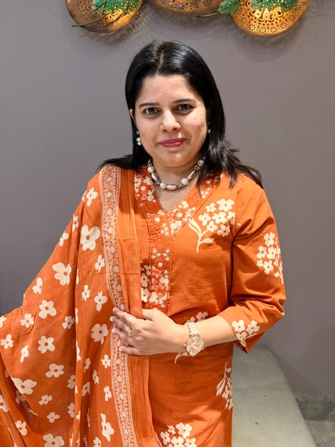 Rust Color Pure Cotton V-Neck 3-Piece Designer Suit