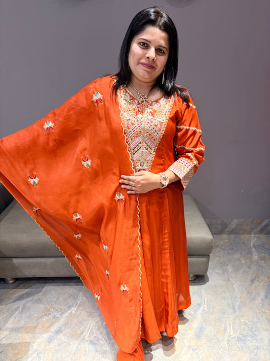Rust Orange Pure Mull Cotton 3-Piece Designer Suit