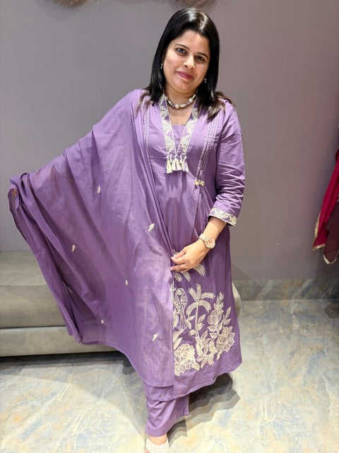 Purple 3-Piece Designer Dress with White Embroidery Work