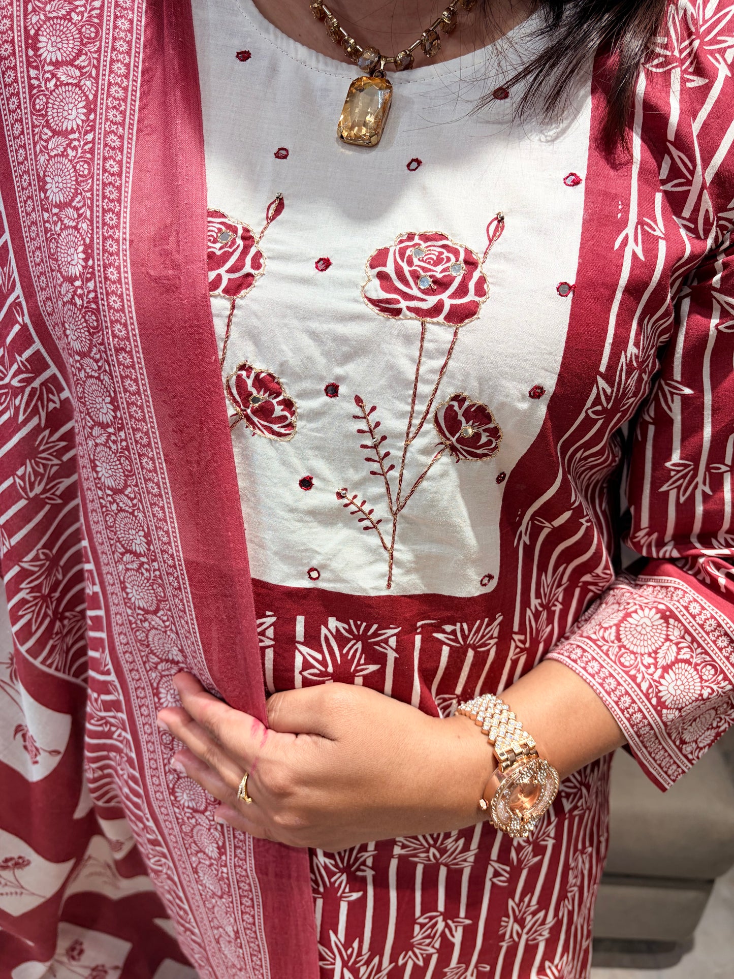 Pink & White Pure Jaipuri Cotton 3-Piece Suit with Neck Handwork