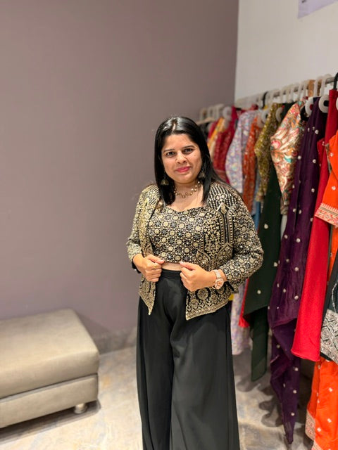 Black Designer Jacket Style Indowestern – Spaghetti Choli with Plazo