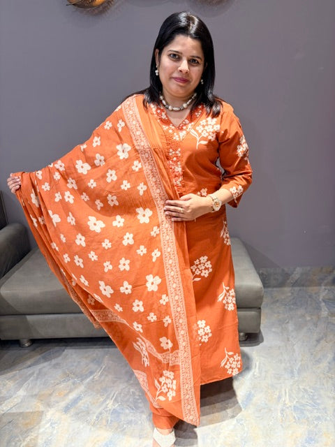 Rust Color Pure Cotton V-Neck 3-Piece Designer Suit