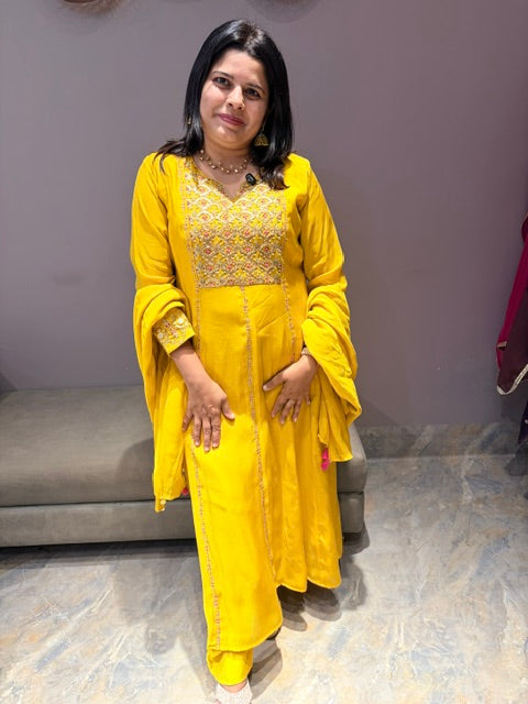 Liril Yellow Pure Mal Chanderi A-Line Suit with Neck Handwork & Dupatta