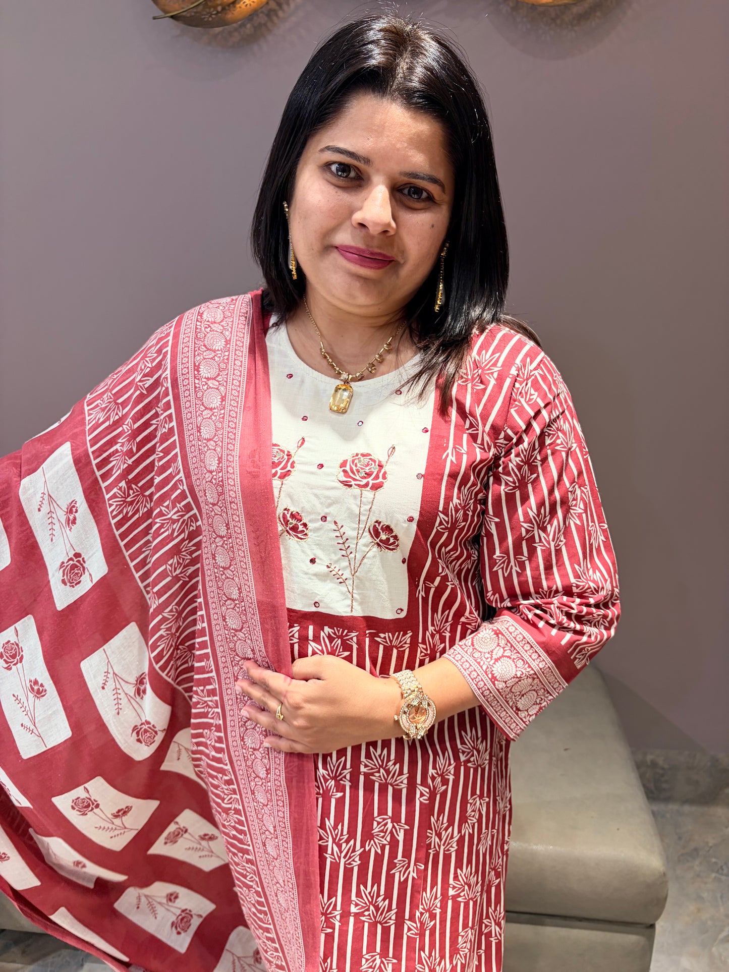 Pink & White Pure Jaipuri Cotton 3-Piece Suit with Neck Handwork